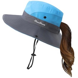 Uhky Summer Sun Hat for Women Men Wide Brim UV Protection Foldable Ponytail Bucket Hat for Beach Fishing Hiking, sky blue
