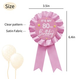 Pink It's My 80th Birthday Tinplate Badge Pin Pink Satin Fabric 80 Year Old Birthday Themed Button Pin Party Decorations Award Ribbon Badge Pin
