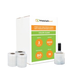 PSBM Mini Extended Core Stretch Wrap with Blue Tension Spinner Handle, 18 Pack, 3 Inch x 1000 Feet, 80 Gauge, Clear Plastic Cling