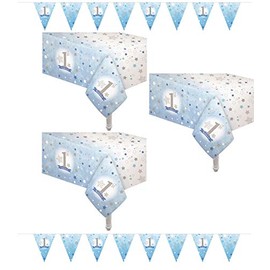 Oojami 1st Birthday Boy Party Tablecloth 3 Pack with 2 Pennant Banners - Ideal for Children's Party Tablecovers, 54" x 108" Multicolor Decorative Design