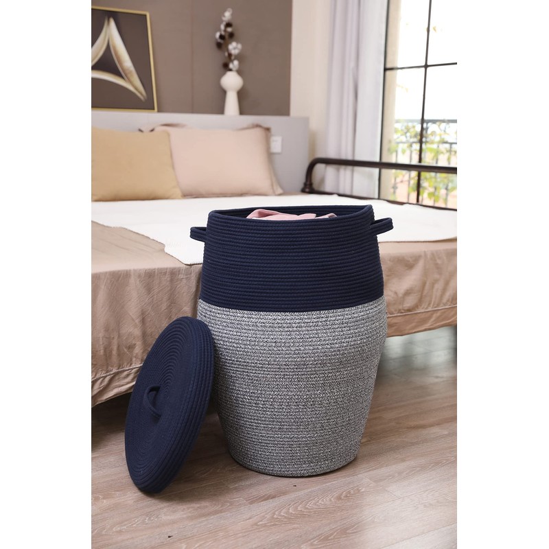 26"x20" Handcrafted Tall Cotton Rope Basket with Lid, Stylish Flagon