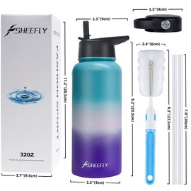 SHEEFLY Insulated Water Bottles, 32oz Vacuum Stainless Steel Water Bottle with Straw & 2 Lids Wide Mouth Metal Water Bottle Leak Proof BPA Free Insulated Sports Water Bottles Keep Hot & Cold (Color)