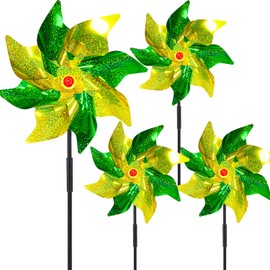 Yoseklpee 4pcs Reflective Pinwheels for Garden Decor Green and Yellow Extra Sparkly Pinwheel Wind Spinners Holographic St. Patrick's Day Party Decor for Yard Patio Garden Farm