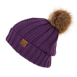 C.C Exclusives Fuzzy Lined Knit Fur Pom Beanie Hat (YJ-820) (Purple)