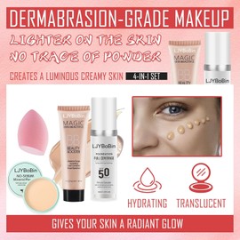 4PCS Foundation Makeup Set – Includes color-changing foundation, hydrating BB cream, matte loose setting powder, and makeup sponge. Waterproof, long-lasting, and moisturizing for full coverage.