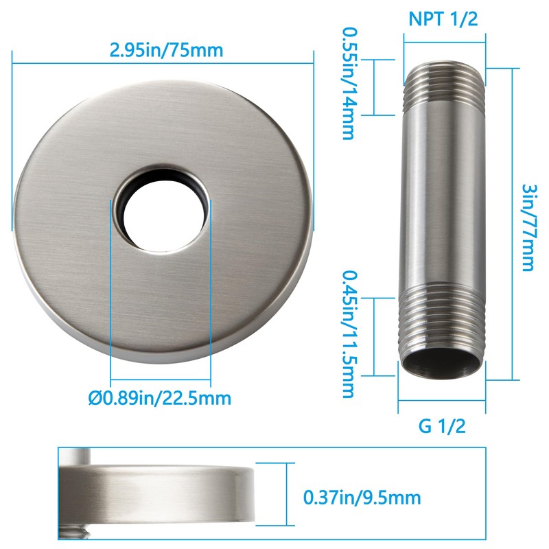 Straight Shower Arm with Flange, Ceiling Mount 3 Inches Rain