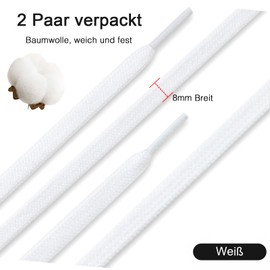 Stepace 2 Pairs Flat Shoelaces Made of 100% Cotton, 8 mm Wide Tear-Resistant Shoe Laces for Trainers, Sports Shoes, Trainers, 2 x White