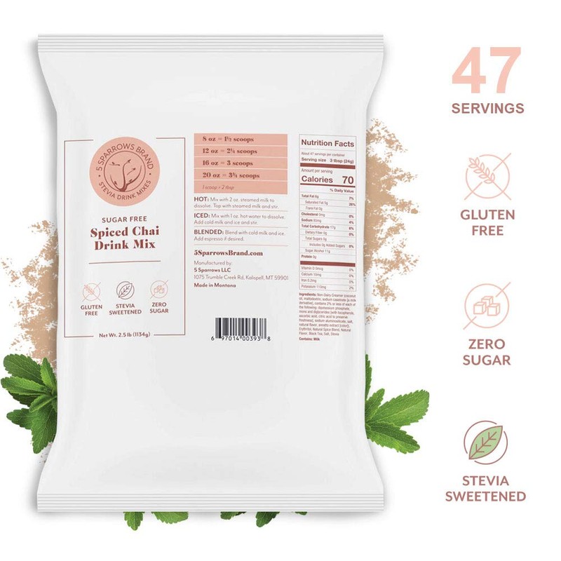 5 SPARROWS Sugar-Free Spiced Chai Latte Flavored Drink Mix, Naturally