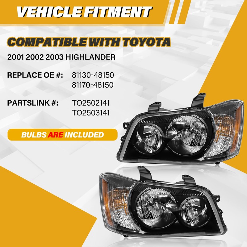 Headlight Assembly Compatible with Toyota Highlander 2001 2002 2003 Halogen