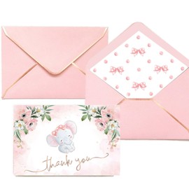 Heavy Duty Baby Shower Thank You Cards Girl - 50 Pk - Elephant Thank You Cards Baby Shower Cards Cute Thank You Cards with Envelopes Birthday Thank You Notes Pink Floral Watercolor Baby Girls