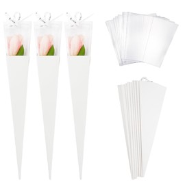 10 Pcs Single Roses Flower Gift Box Cone Flower Bouquet Wrapping Paper Rose Packaging Bags for Valentines Day Birthday, White, Inches