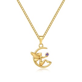 YIKOXI 14K Gold Plated Dainty Birthstone Necklace for Women | Elf girl on the Crescent Moon | Mothers Birthday Gifts for Women Daughter (02. February(Amethyst))