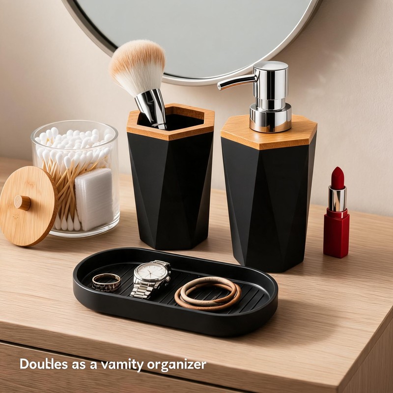 LGURT 4pc Black Bathroom Accessories Set, Soap Dispenser, Toothbrush Holder