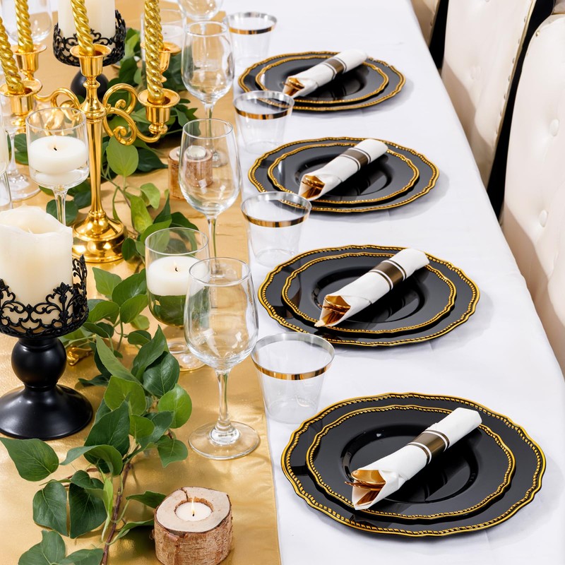 Hioasis 350pcs Black and gold Plastic Plates - Gold Plastic