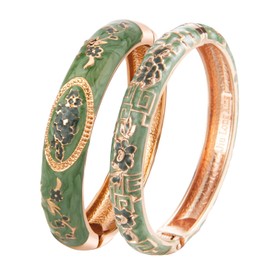 wynameleri Vintage Bangles Jewelry Set Handcrafted Cloisonne Enameled Flower Gold Hinged Cuff Bracelets Gifts 55C58-55A114 Green