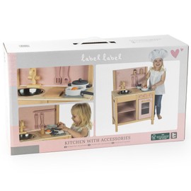 Label Label: Wooden Kitchen Play Set - Pink - Standing Appliance Toy, Cooking & Food Accessories, Storage-Oven-Sink, Pretend Play Station, Kids Age 3+