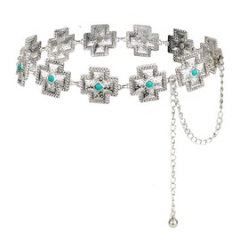 ILuvatar Women's Western Metal Belts: Adjustable Cowgirl Style, with Turquoise & Concho Decor. Ideal for Dress, Jeans. Perfect for Country Concerts & Boho Outfits. inlaid with blue stones Metal cross