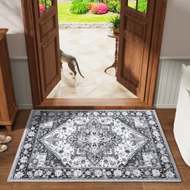 HOMORE Vintage Washable Rug Floral Low Pile Non-Slip Throw Gray Rug for Bedroom Living Room Kitchen Entryway Office Grey Rug Stain Resistant Indoor Door Farmhouse Perfect for Room Home Decor 2x3 Ft