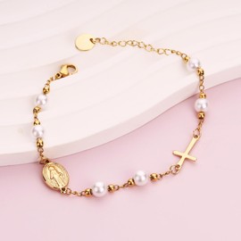 Kiunocoya Catholic Cross Bracelet for Girls Charm Bracelet Jewelry Gift for Women First Communion Baptism Confirmation Gifts for Girls Stainless Steel Imitation Pearl Rosary Bracelet (Gold)