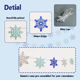 2 Pcs Glitter Snowflake Banner, Snowflake Winter Party Decorations, Snowflake Garland Christmas Party Decorations (Blue&Silver)