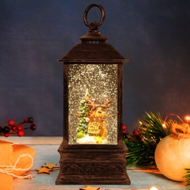 BELLE VOUS Snowman Snowglobe Lantern Christmas - Snow Lantern with Snowman & Tree (25 x 9 cm) - Christmas Decoration Indoor Illuminated with Water, Glitter Filled Bronze Lantern - Gift, Table Decoration