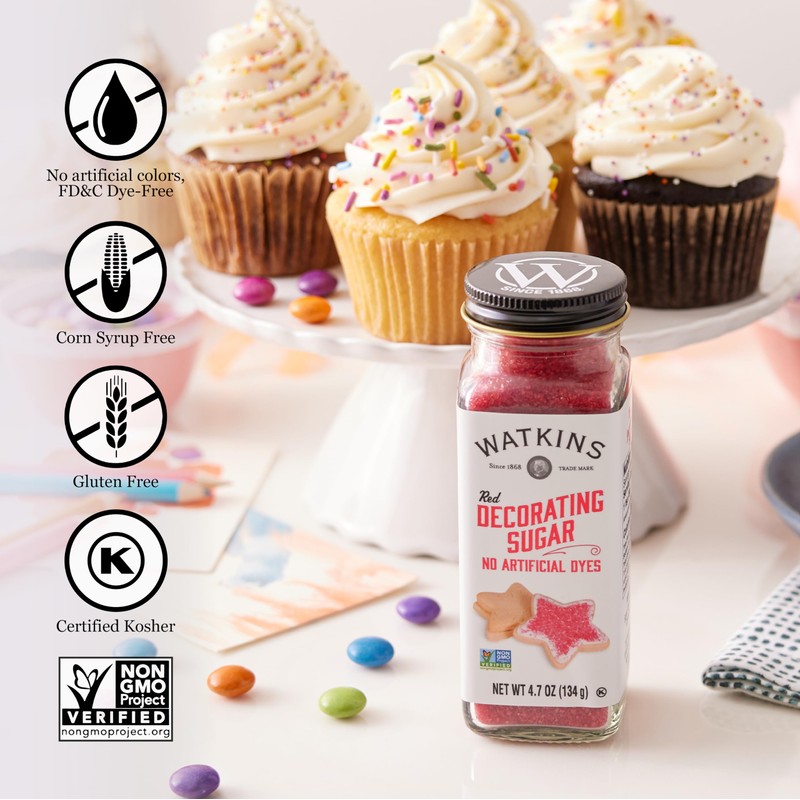 Watkins Red Decorating Sugar (No Artificial Dyes), Non-GMO, Kosher, 4.7
