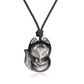 COAI Unisex Lucky Necklace with Fox Pendant Made of Gemstones, Silver Obsidian, Silver Obsidian