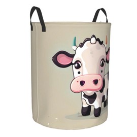 Cute White Cow Print Circular Protable Storage Bin Organizer Round Basket For Laundry Hamper With Handles
