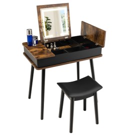 LDAILY Vanity Desk with Flip Top Mirror and Lights, Dressing Writing Desk Set with 3-Color LED Light, 6 Storage Compartments, USB Port & Wood Legs, Makeup Vanity Table with Cushioned Stool