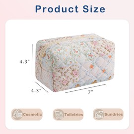RSRSLEII Small Quilted Cotton Makeup Bag, Aesthetic Cosmetic Bag, Cute Floral Makeup Pouch, Kawaii Trendy Preppy Travel Toiletry Bag for Women and Girls (06 Mixed Flowers)
