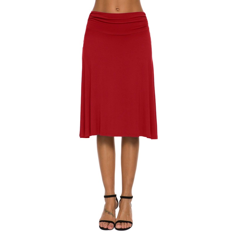 EXCHIC Women's Elastic Waist Plain A-Line Yoga Skirt - red,
