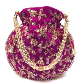 Women's Velvet Embroidered Potli Bag Purse Pouch Drawstring Bag Golden Work Wedding Gift for Women, Hot Pink, Medium
