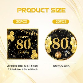 DURYGEN 40 PCS 80th Birthday Party Supplies Black and Gold Theme Disposable Party Dinnerware Set Included Plates Napkins Black and Gold 80th Party Decoration for Men Women Birthday Anniversary
