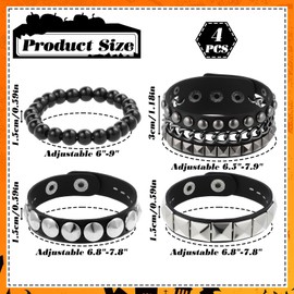 Punk Rock Leather Bracelets, 4 Pcs Black Leather Studded Punk Bracelet for Men Women Spiked Leathers Cuff Bracelet Gothic Spike Bracelets Adjustable Rivets Wristband Cuff for Halloween Party