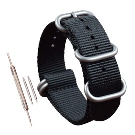 22 mm Black Watch Strap Watch Band Thick Nylon for Men Matte Silver Buckle 5 Rings, Watch