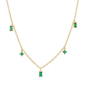 14k Gold Dainty Emerald Green Dangle Choker Necklace for Women, Non-Tarnish Emerald Pendant Station Birthstones, 14-16 inches