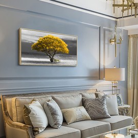 Framed Canvas Wall Art For Living Room Large Size Bedroom Wall Decor Black And White Scenery Wall Painting Office Wall Decoration Boho Home Decor Yellow Trees Wall Pictures Artwork Natural Wood Frames