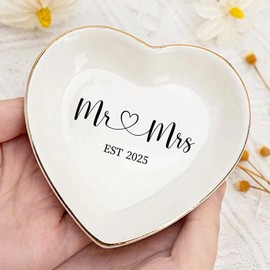 Mr & Mrs EST 2025 Ring Dish - Heart Shaped Elegant Ceramic Ring Holder for Engagement, Wedding, Bridal Shower Gifts - Honeymoon Keepsake for Newlyweds, and Bride-to-Be
