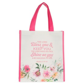 Christian Art Gifts Reusable Shopping Tote Bag for Women: May the Lord Bless You and Keep You - Numbers 6:24 Inspirational Scripture for Supplies, Groceries, Books, Pink & Cream Multicolor Floral