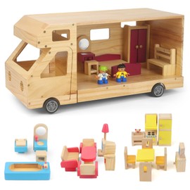 RV Camper Dollhouse for Kids, Wooden Rolling Motorhome with Full Furniture Set, Travel Doll House Toy with Miniature Rooms for Boys & Girls, Pretend Play Adventure Home