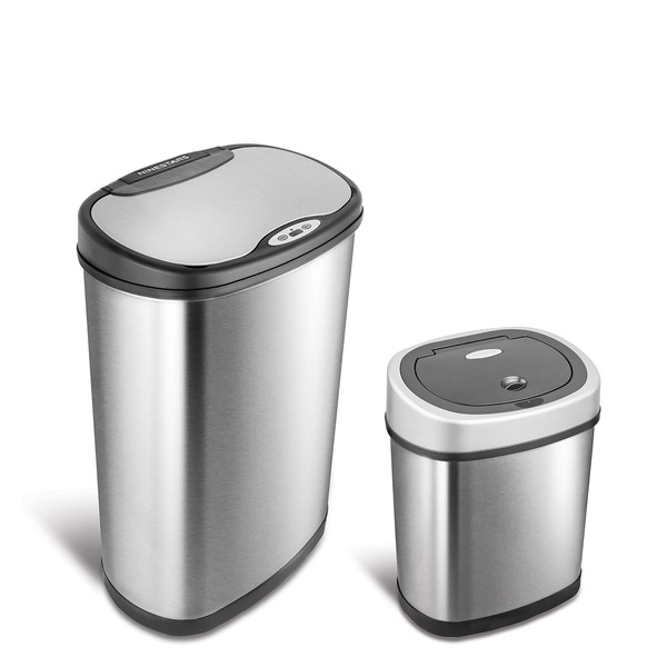 NINESTARS CB-DZT-50-13/12-9 Automatic Touchless Infrared Motion Sensor Trash Can Combo Set, 13 Gal 50L & 3 Gal 12L, Stainless Steel Base (Oval, Silver/Black Lid)