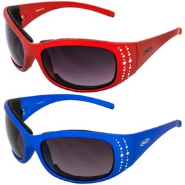 Global Vision 2 Pair Marilyn-2 Padded Motorcycle Riding Sunglasses with Rhinestones and Gradient Smoke Lens 1 with Metallic Red Frame 1 with Metallic Blue Frame