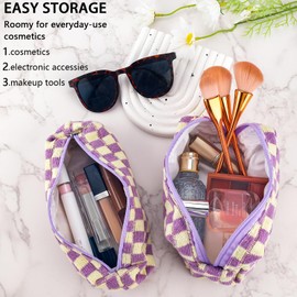 ZLFSRQ 2Pcs Checkered Makeup Bag for Women Travel Medium Small Cosmetic Bag Set Cute Makeup Pouch Purse Zippered Toiletry Bag Organizer Preppy Y2K Trendy Aesthetic Makeup Brushes Storage Bag(Purple)