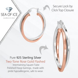 Two Tone Rose Gold Flashed and Sterling Silver Intertwining Square-Tube Polished Hoop Earrings, 25mm - 1"