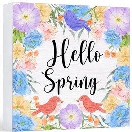 Spring Decor Farmhouse Hello Spring Wood Sign Floral Spring Decorations Country Home Table Desk Decor (5 x 5 Inches)