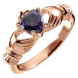 GWG Jewellery 18K Rose Gold Coated Claddagh Love Ring with Amethyst Purple Heart Stone, Hands, and Crown – 8 in Gift Box for Women