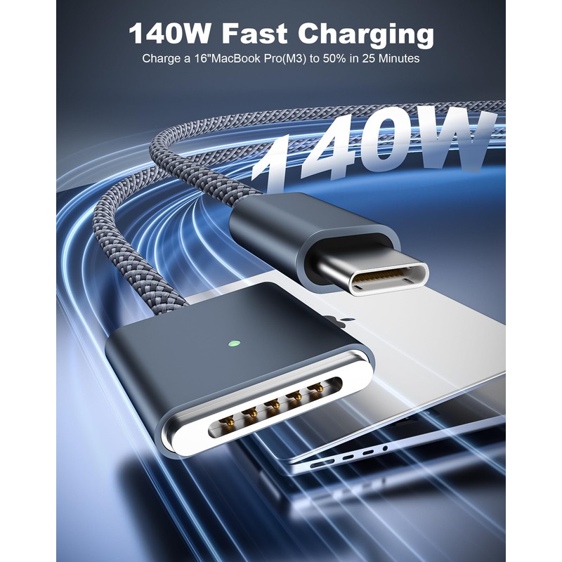 140W USB-C to MagSafe 3 Fast Charging Cable 6.6FT Braided