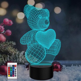 PONLCY 3D Illusion Lampe Teddybär Led Nachtlicht, 16 Farben Fernbedienung USB Schreibtischlampen, Schlafzimmer Dekoration Tischlampe für Kinder Weihnachten Geburtstag Geschenke
