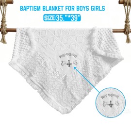 Baptism Gifts for Boys Girls Baby Shower White Crochet Christian Baby Blanket Soft Minky Dot Christening Towel