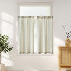 Jinchan - Cortinas de cocina de lino a rayas de 45 pulgadas, cortinas de nivel de café con rayas equilibradas, cortinas pequeñas para baño, lavandería, sobre el fregadero, media ventana, filtrado de